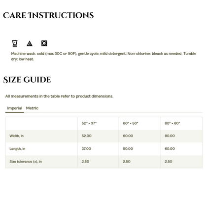 Care instructions and size guide for a product on a white background