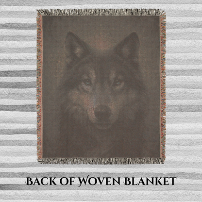 Back view of woven blanket with a wolf design on a striped background