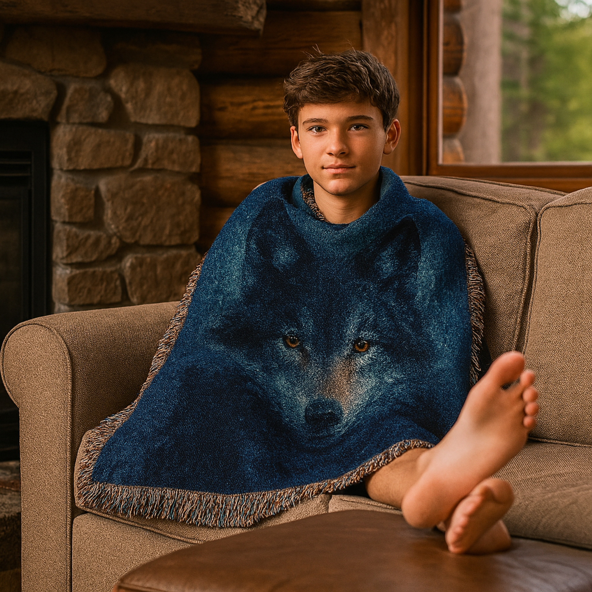 Person sitting on a couch with a blue wolf-patterned blanket