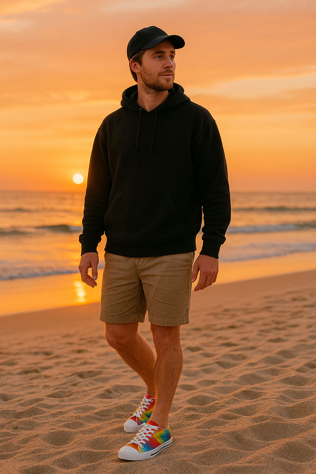 Man standing on a beach at sunset wearing a black hoodie, beige shorts, and colorful tie- dye sneakers.
