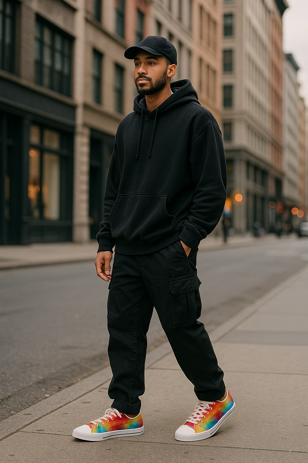Man wearing a black hoodie and pants with colorful tie-dyed sneakers on a city street.