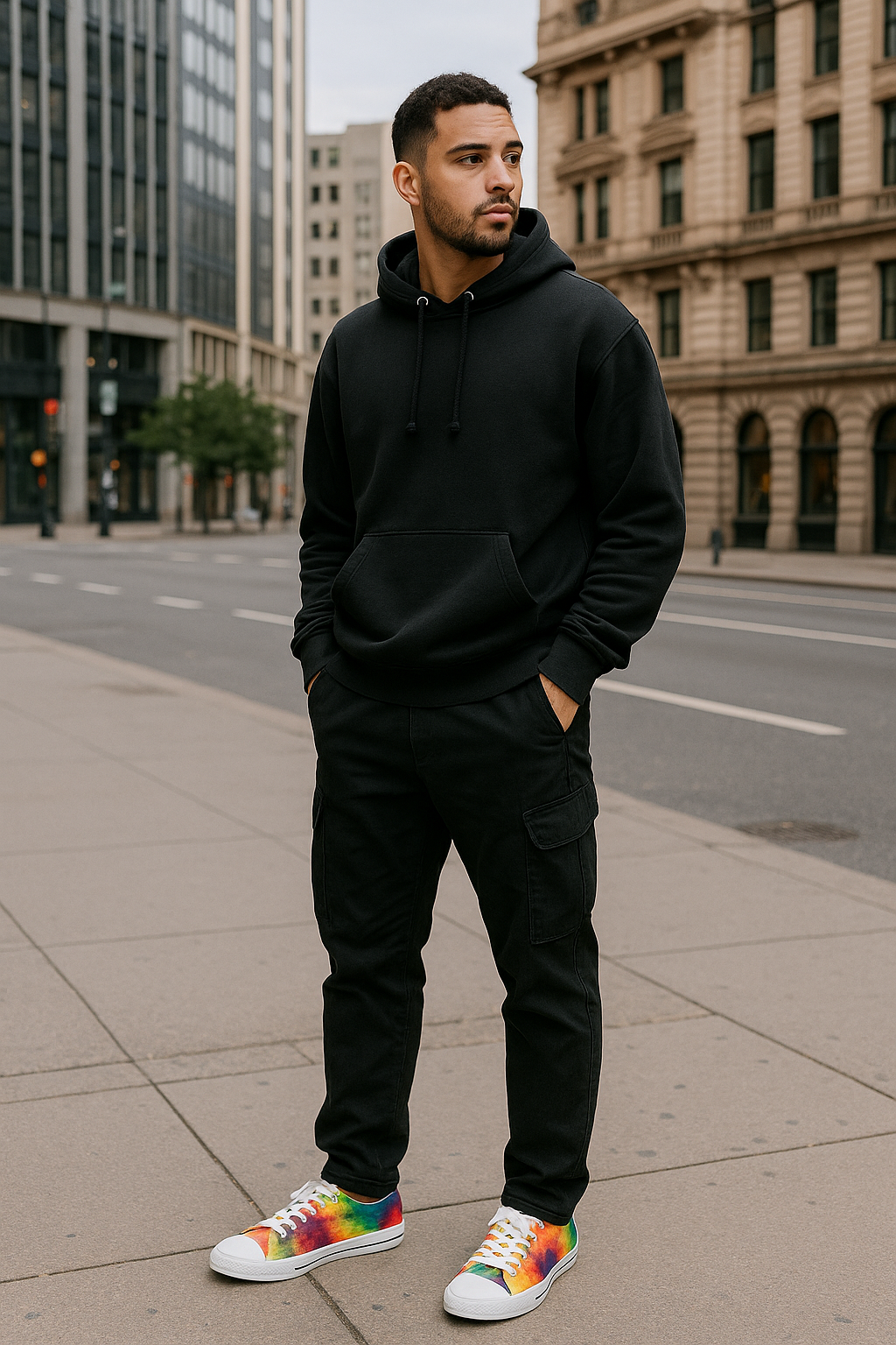 Man wearing a black hoodie and pants with colorful tie-dye sneakers on a city street.