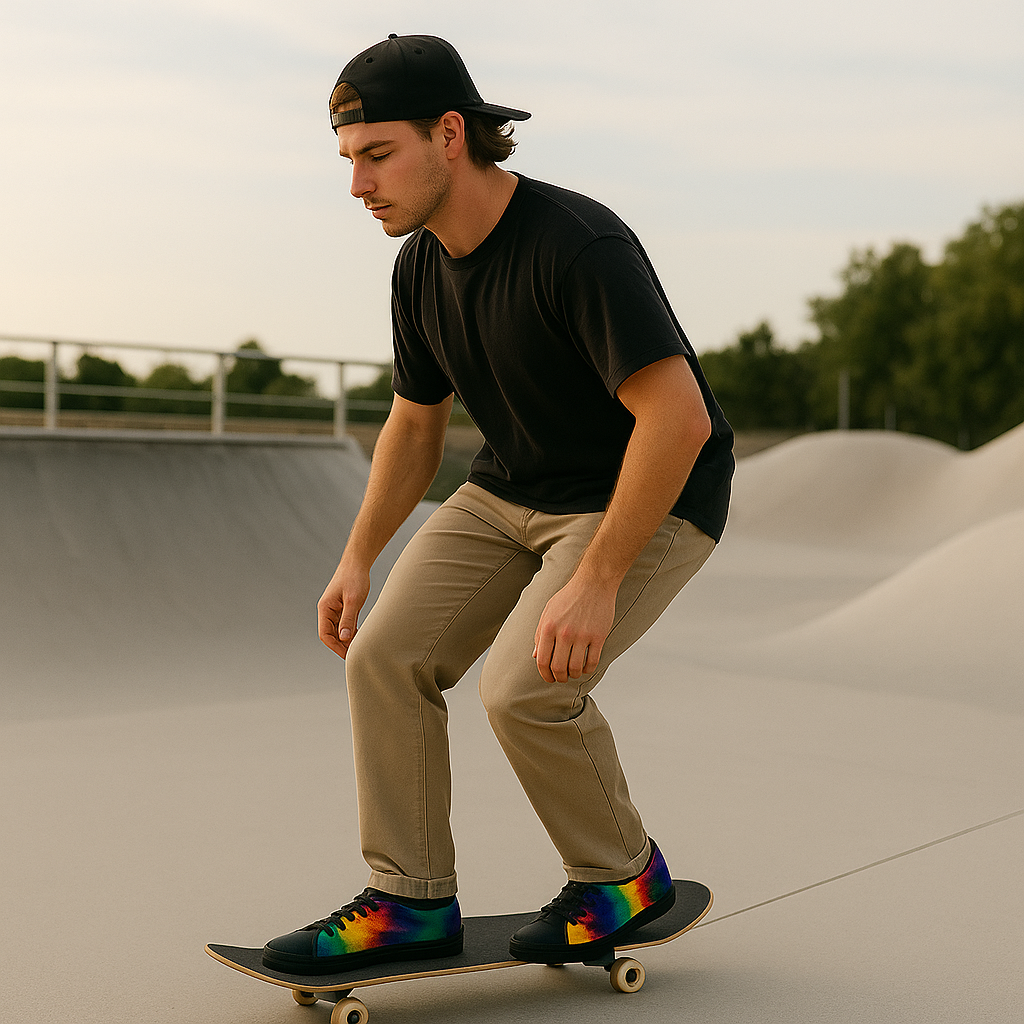 Man skateboarding at a skate park with a blurred background. He's wearing tie-dyed sneakers.
