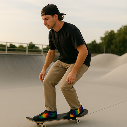Man skateboarding at a skate park with a blurred background. He's wearing tie-dyed sneakers.
