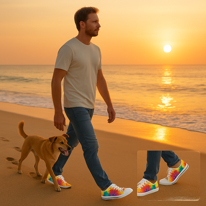 Man walking a dog on a beach at sunset with colorful tie-dye sneakers.