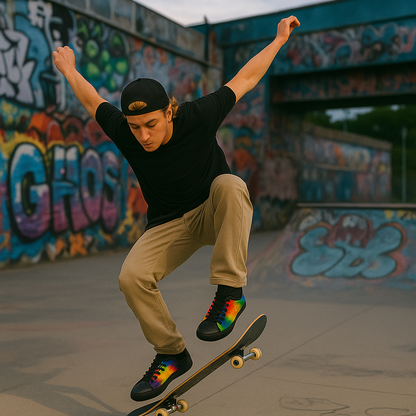 Skateboarder performing a trick in a graffiti-covered skate park. He's wearing tie-dyed low top sneakers.