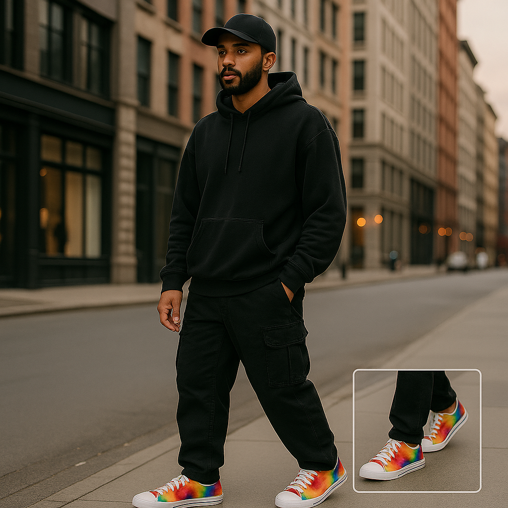 Man wearing a black hoodie and pants with colorful tie-dye sneakers on a city street.