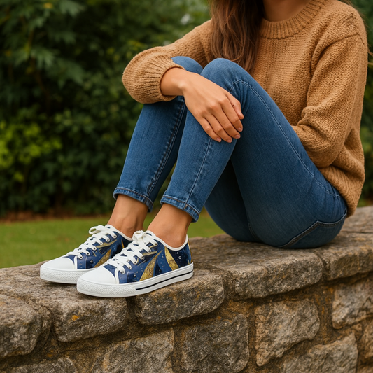 A woman wearing blue and white sneakers with an abstract pattern, sitting on a stone wall outdoors.