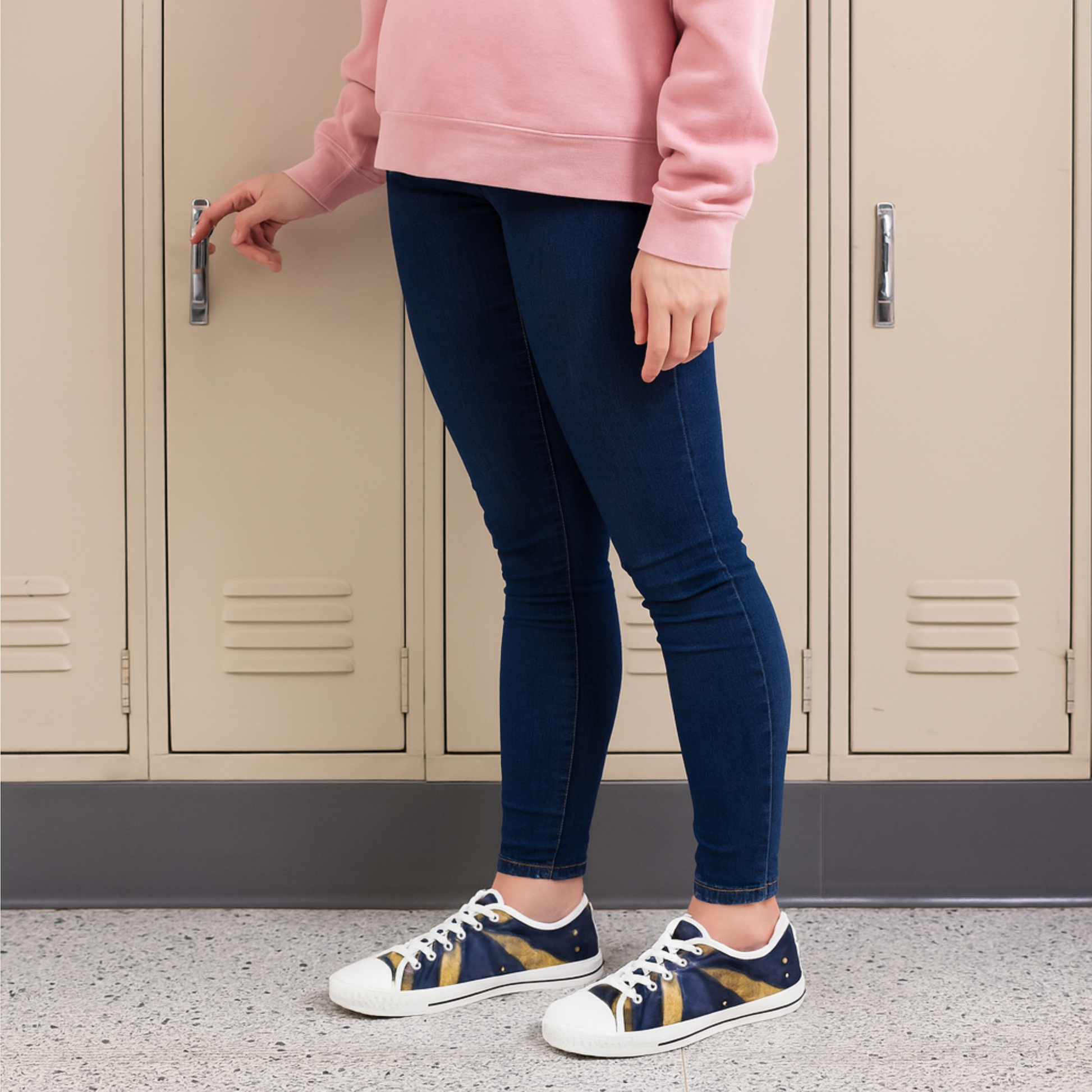 A young woman wearing a pink sweatshirt, blue jeans, and blue & gold sneakers in front of beige lockers.