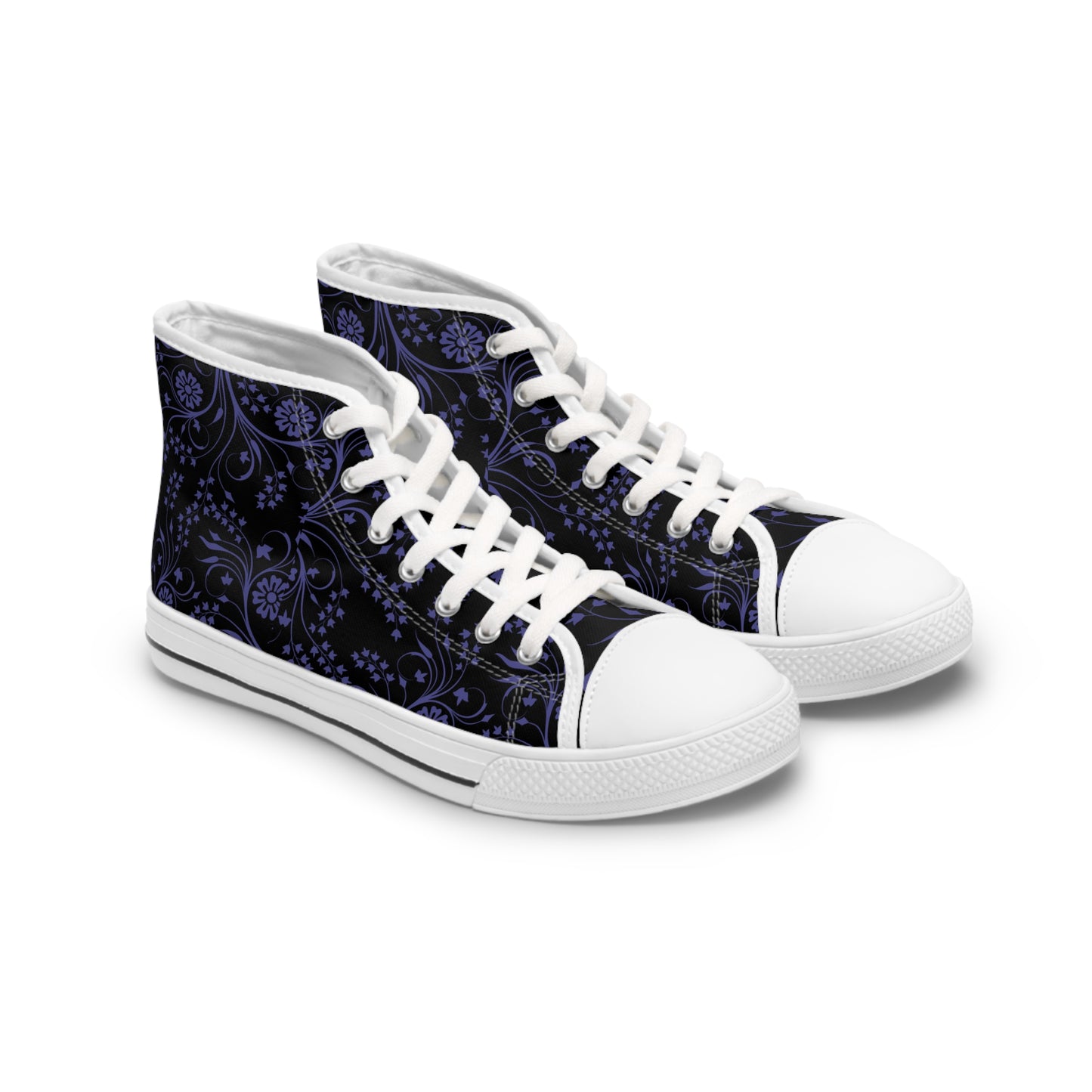 Pair of high-top sneakers with a dark blue floral pattern on a white background