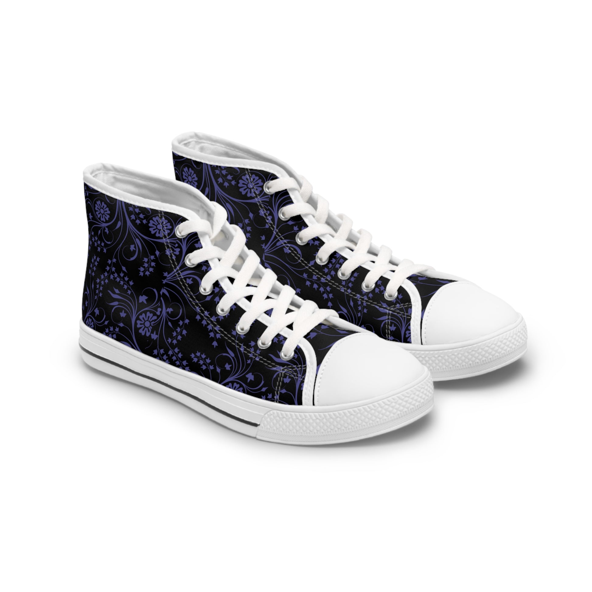 Pair of high-top sneakers with a dark blue floral pattern on a white background