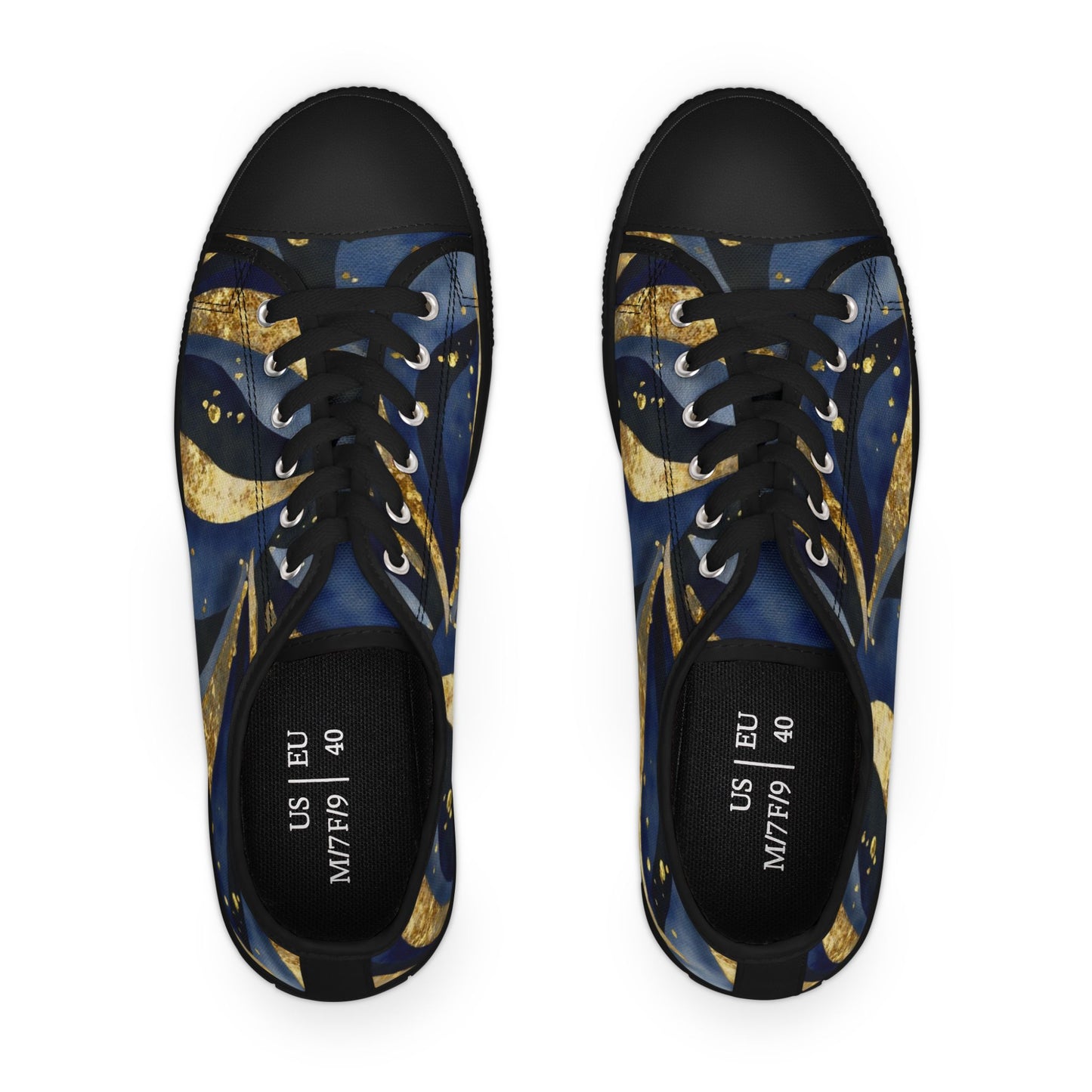 Pair of black sneakers with blue and gold pattern on a white background