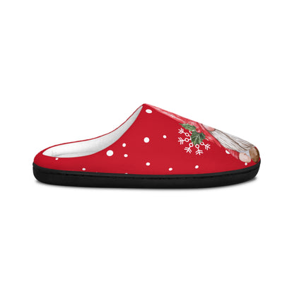 Red slipper with white polka dots and a green leaf design on a white background