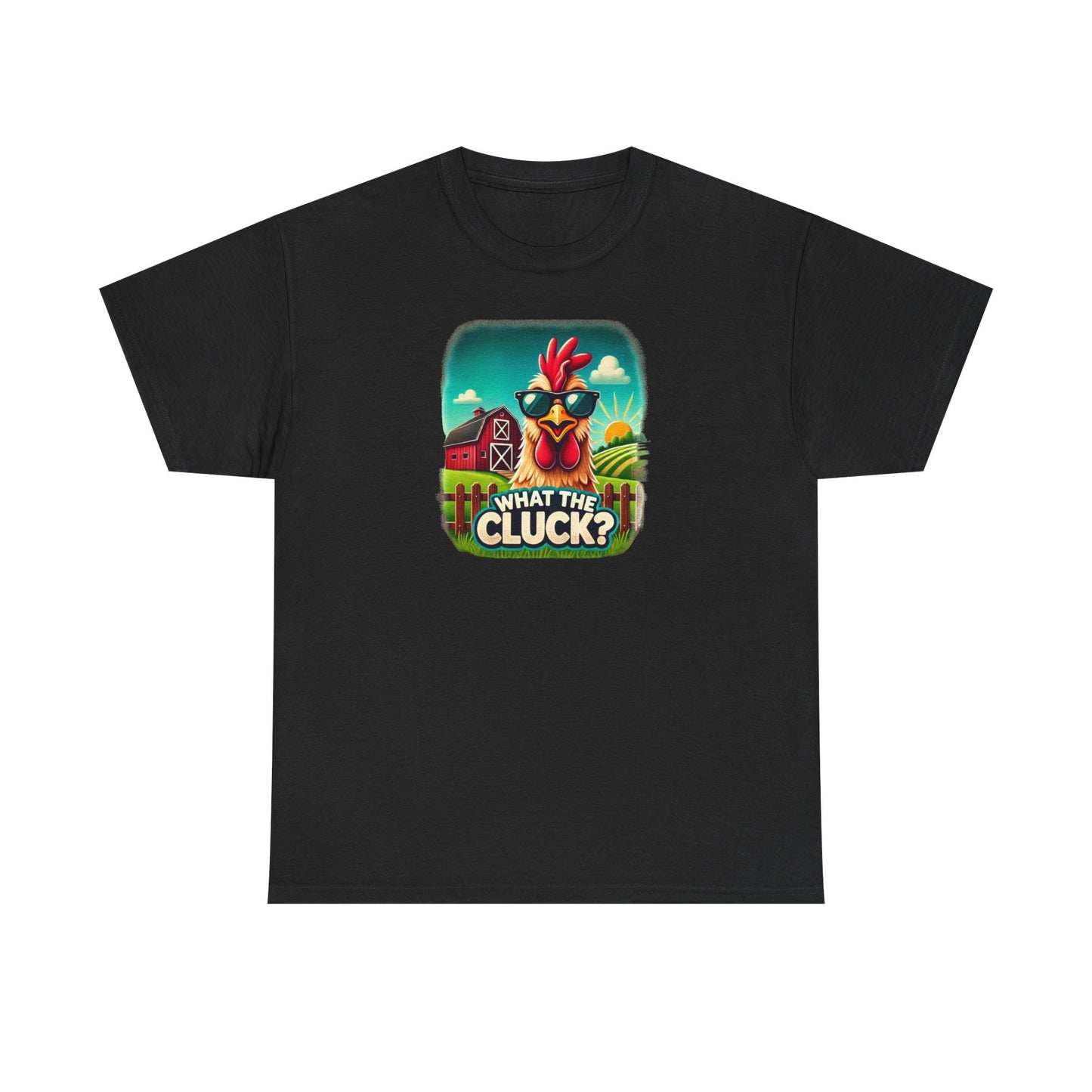 Black unisex t-shirt with a colorful cartoon graphic of a chicken wearing sunglasses in front of a red barn and sunrise, featuring the playful phrase "What the Cluck?" at the bottom.