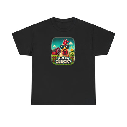 Black unisex t-shirt with a colorful cartoon graphic of a chicken wearing sunglasses in front of a red barn and sunrise, featuring the playful phrase "What the Cluck?" at the bottom.