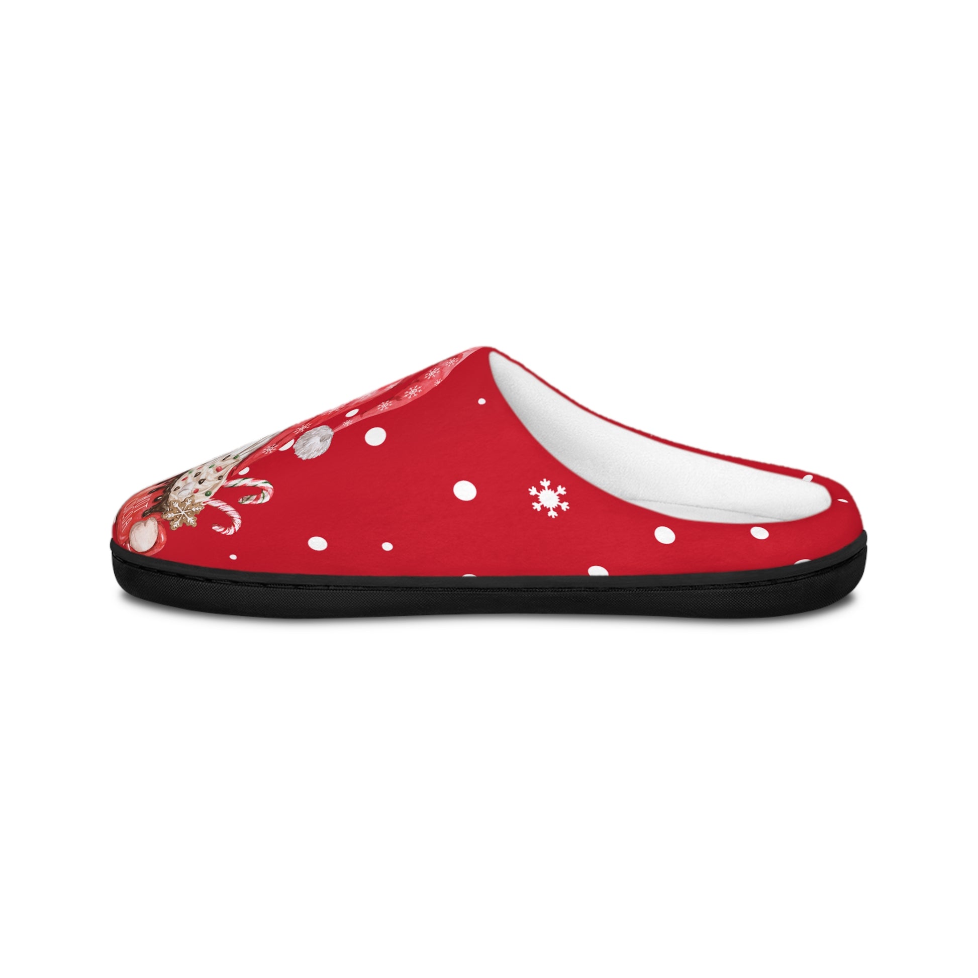 Red slipper with white polka dots and floral design on a white background
