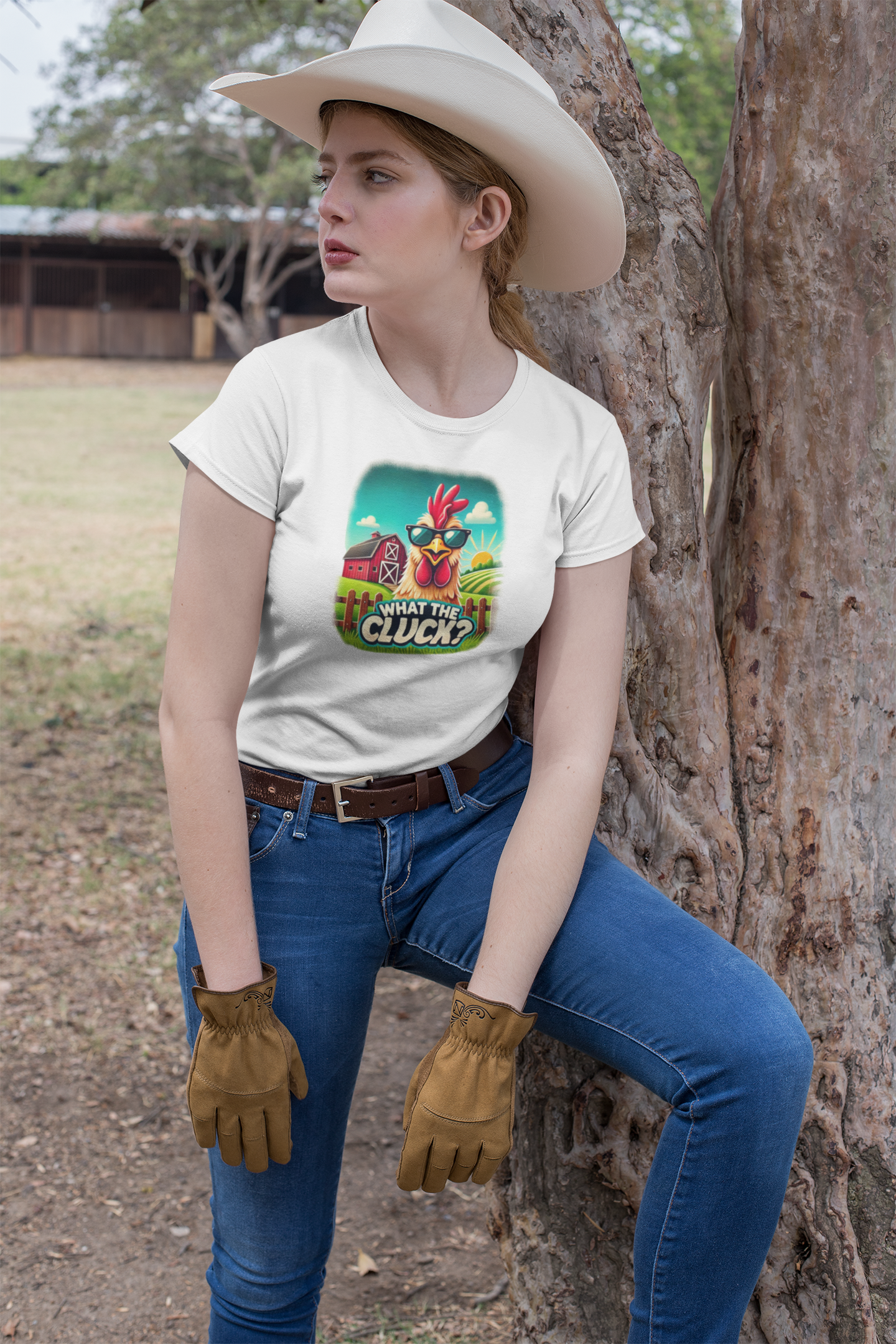 Woman dressed in a western outfit, wearing a white graphic t-shirt with a cartoon chicken in sunglasses and the phrase "What the Cluck?" printed on it. She is also wearing a white cowboy hat, brown gloves, blue jeans, and a brown belt, leaning against a tree in an outdoor ranch setting.