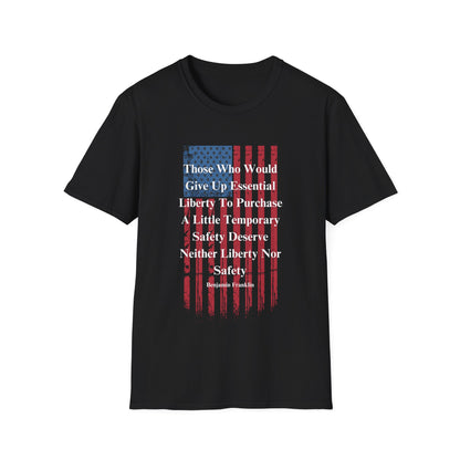 Etsy SEO Writer said:

A black T-shirt is displayed on a white background, featuring a distressed vertical American flag graphic in red and blue. Overlaid on the flag is a bold white quote by Benjamin Franklin that reads: “Those who would give up essential liberty to purchase a little temporary safety deserve neither liberty nor safety.” The design conveys a strong patriotic message with a vintage, rugged aesthetic.