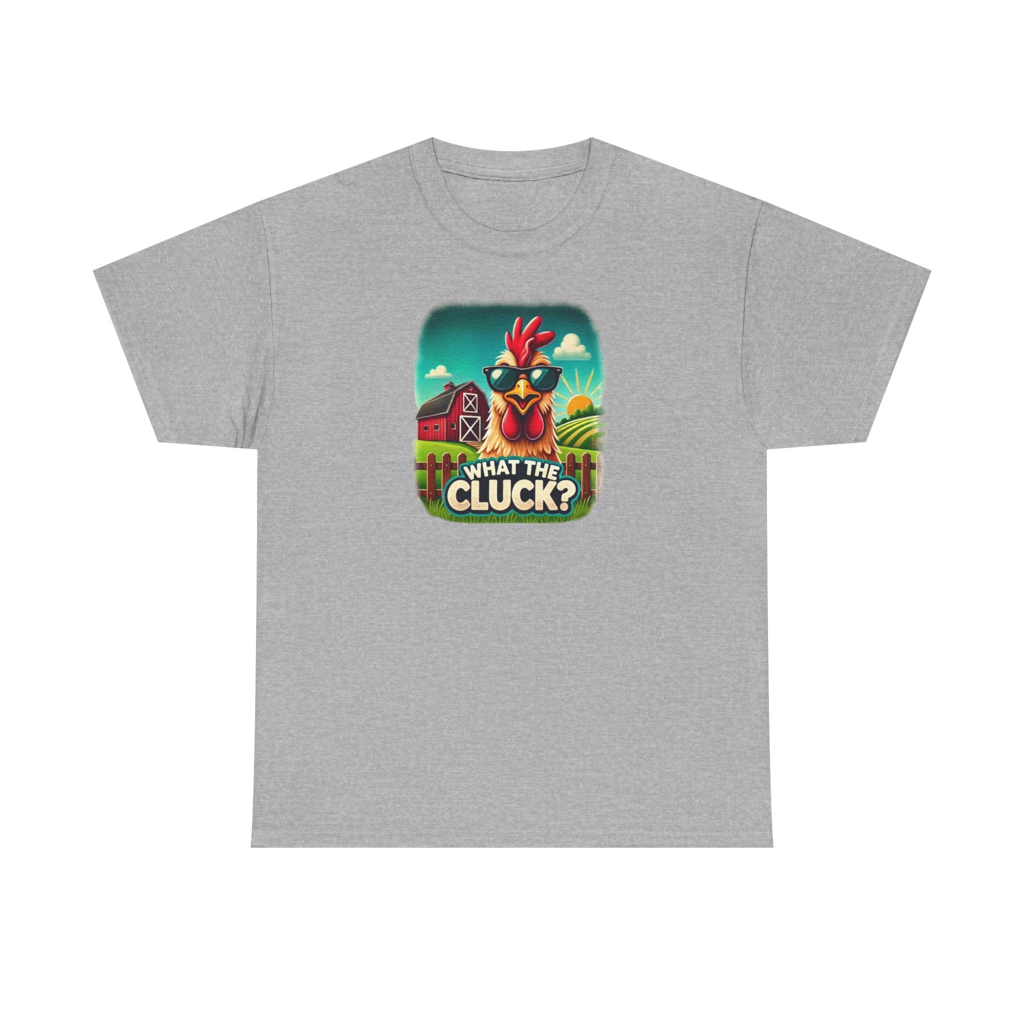Heather gray unisex t-shirt featuring a vibrant cartoon design of a chicken wearing sunglasses with a red barn and sunny farm scene in the background, and the humorous phrase "What the Cluck?" displayed below.