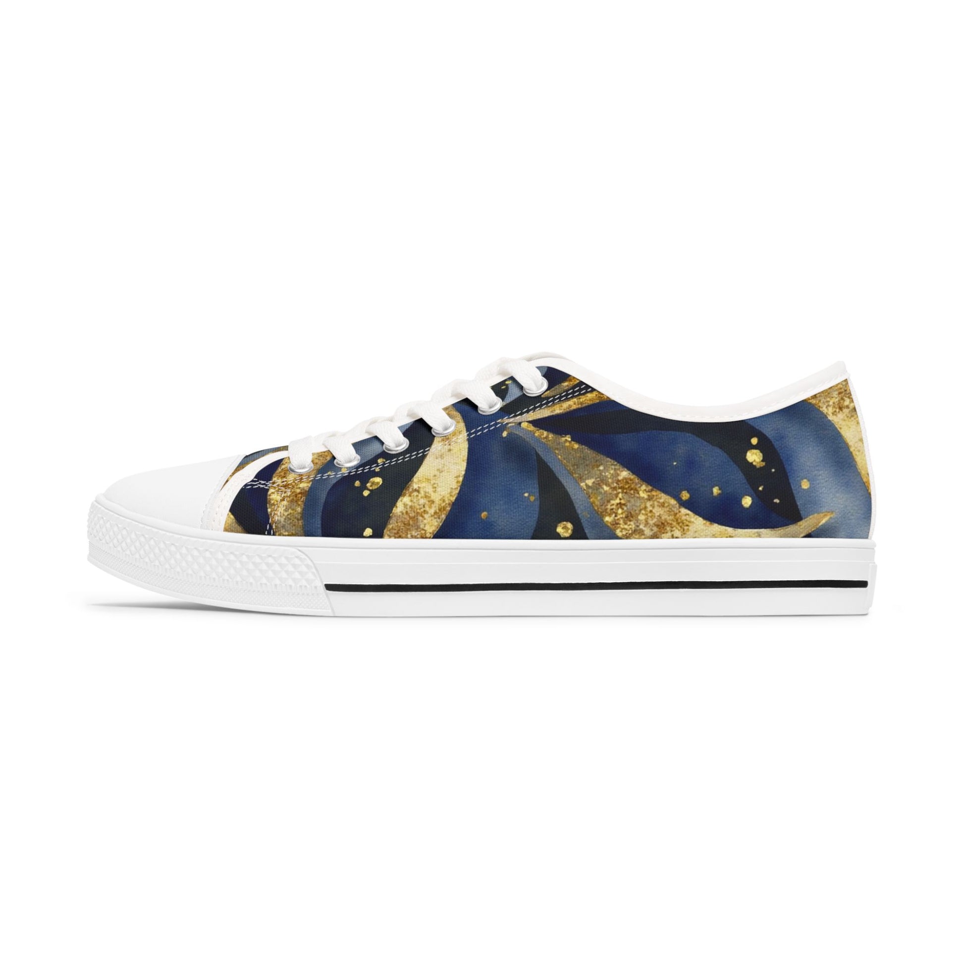 Sneaker with a blue and gold abstract design on a white background