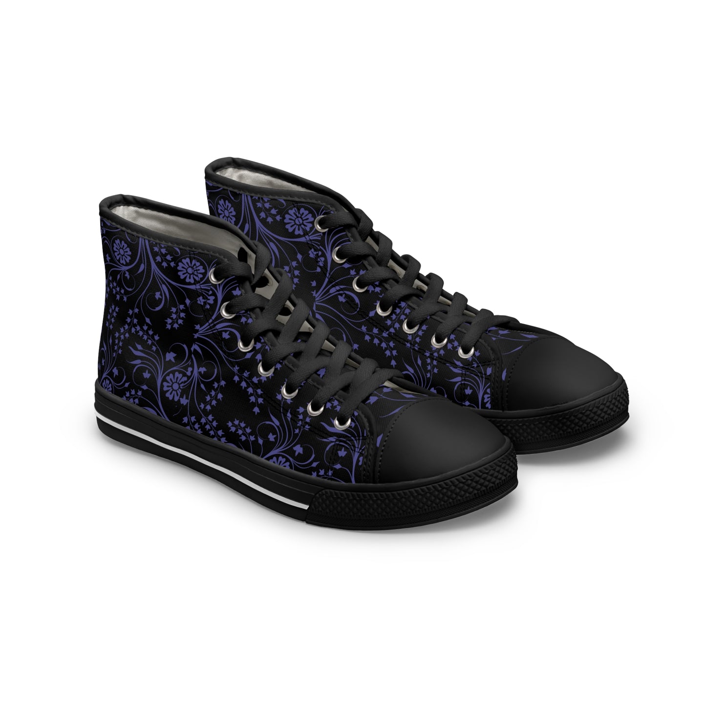 Black high-top sneakers with purple floral pattern on a white background