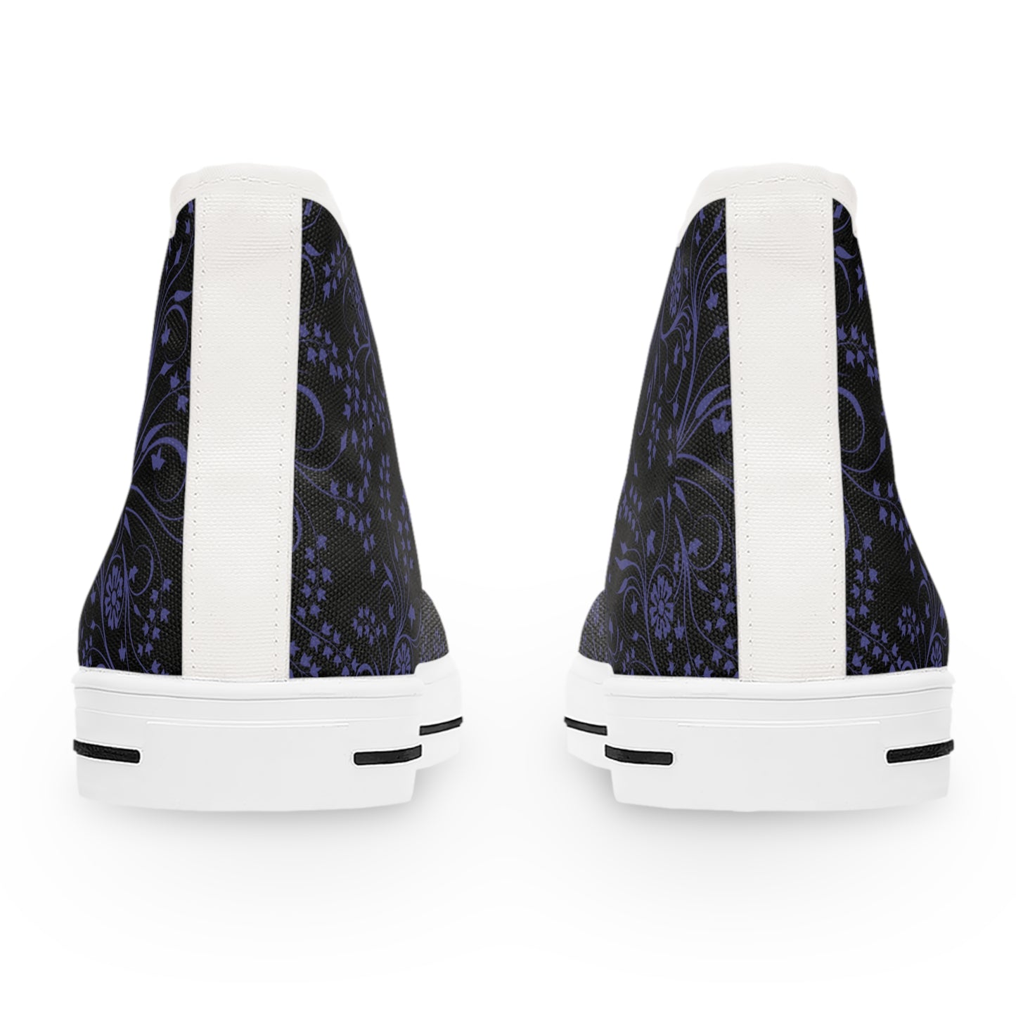 Pair of sneakers with purple floral pattern on a white background