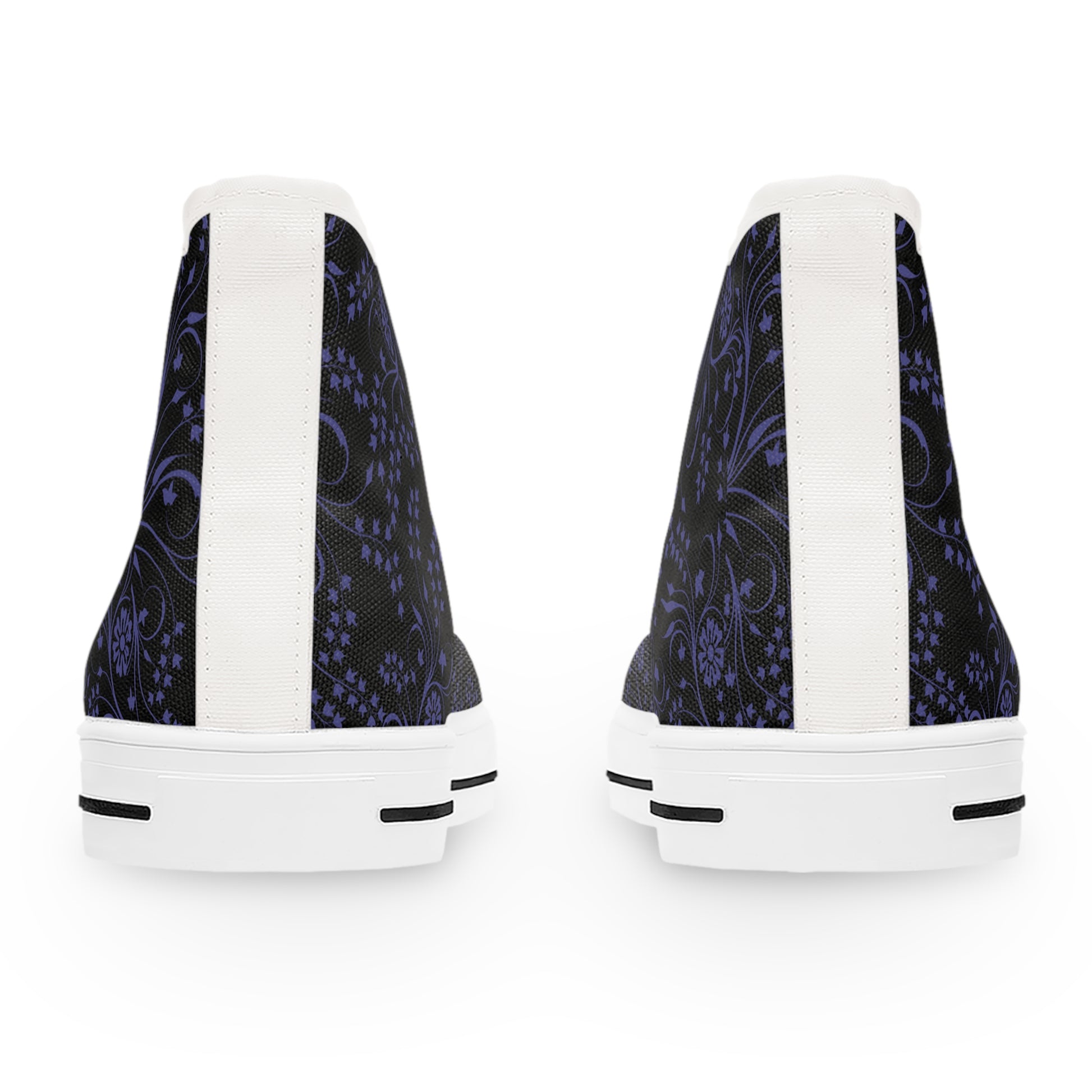 Pair of sneakers with purple floral pattern on a white background
