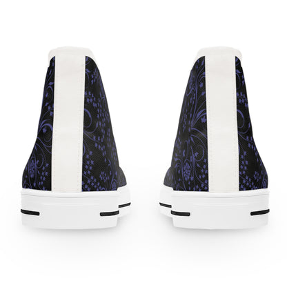 Pair of sneakers with purple floral pattern on a white background