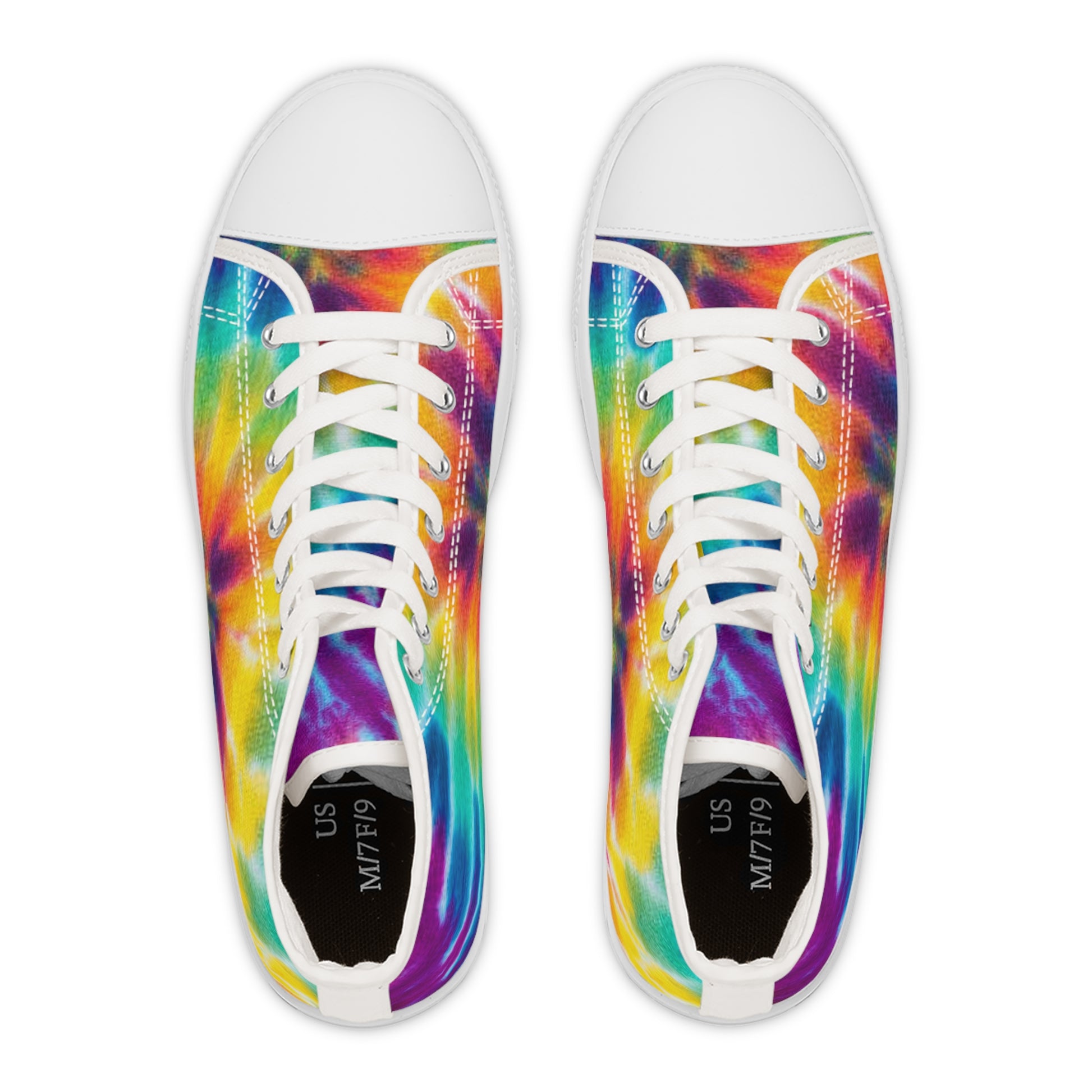 Pair of tie-dye sneakers with white laces on a white background