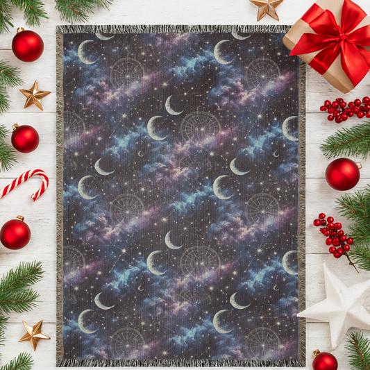 Celestial Woven Cotton Throw: Moon Phases, Stars, Galaxy Boho Decor