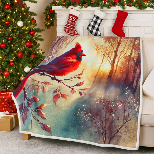 Cardinal Velveteen Blanket: Cozy Winter Forest Bird Throw
