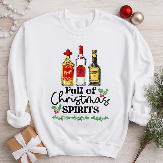 Funny “Full of Christmas Spirits” Sweatshirt | Unisex Holiday Crewneck | Beige, Navy, Pink, White
