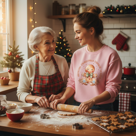 Official Christmas Cookie Tester Sweatshirt | Cute Gingerbread Holiday Crewneck (Black, Pink, White)