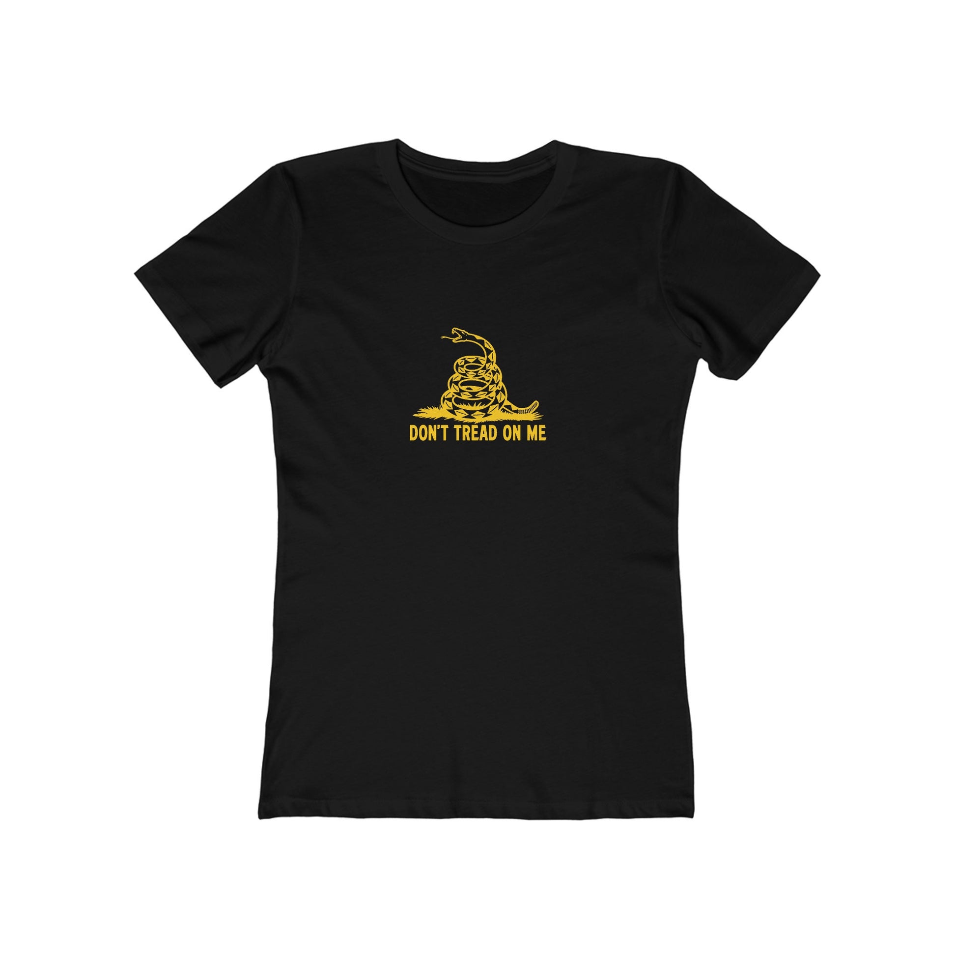 Black women&#39;s fitted t-shirt featuring a yellow coiled snake graphic above the bold text &quot;DON&#39;T TREAD ON ME&quot; centered on the chest, displayed on a plain white background.