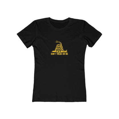 Black women&#39;s fitted t-shirt featuring a yellow coiled snake graphic above the bold text &quot;DON&#39;T TREAD ON ME&quot; centered on the chest, displayed on a plain white background.