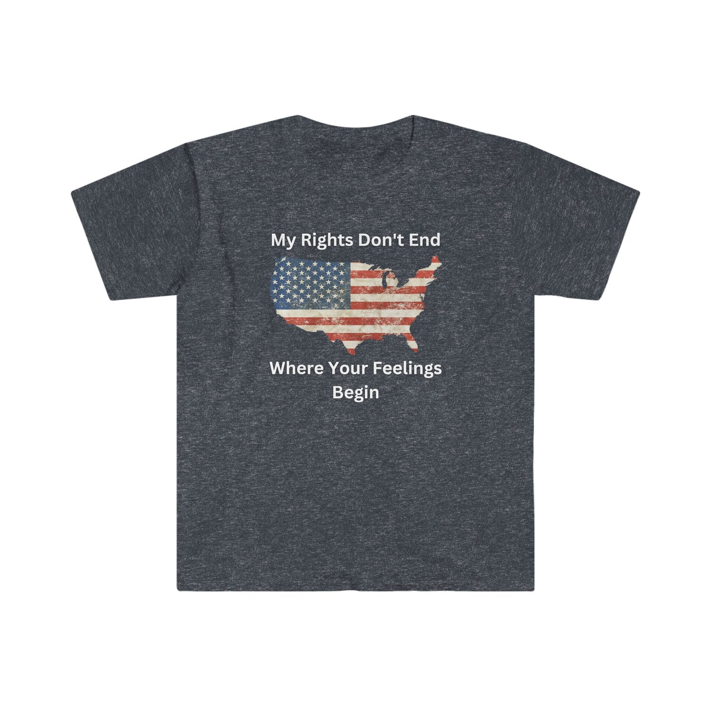Heather navy unisex t-shirt featuring a distressed American flag in the shape of the USA with the bold patriotic quote “My Rights Don’t End Where Your Feelings Begin”.