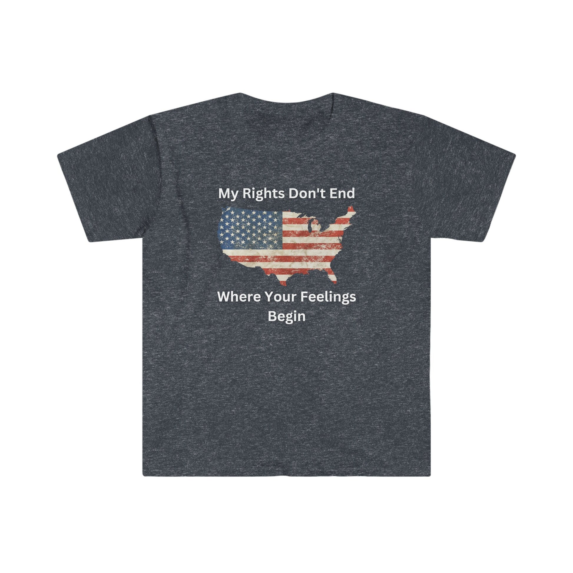 Heather navy unisex t-shirt featuring a distressed American flag in the shape of the USA with the bold patriotic quote “My Rights Don’t End Where Your Feelings Begin”.