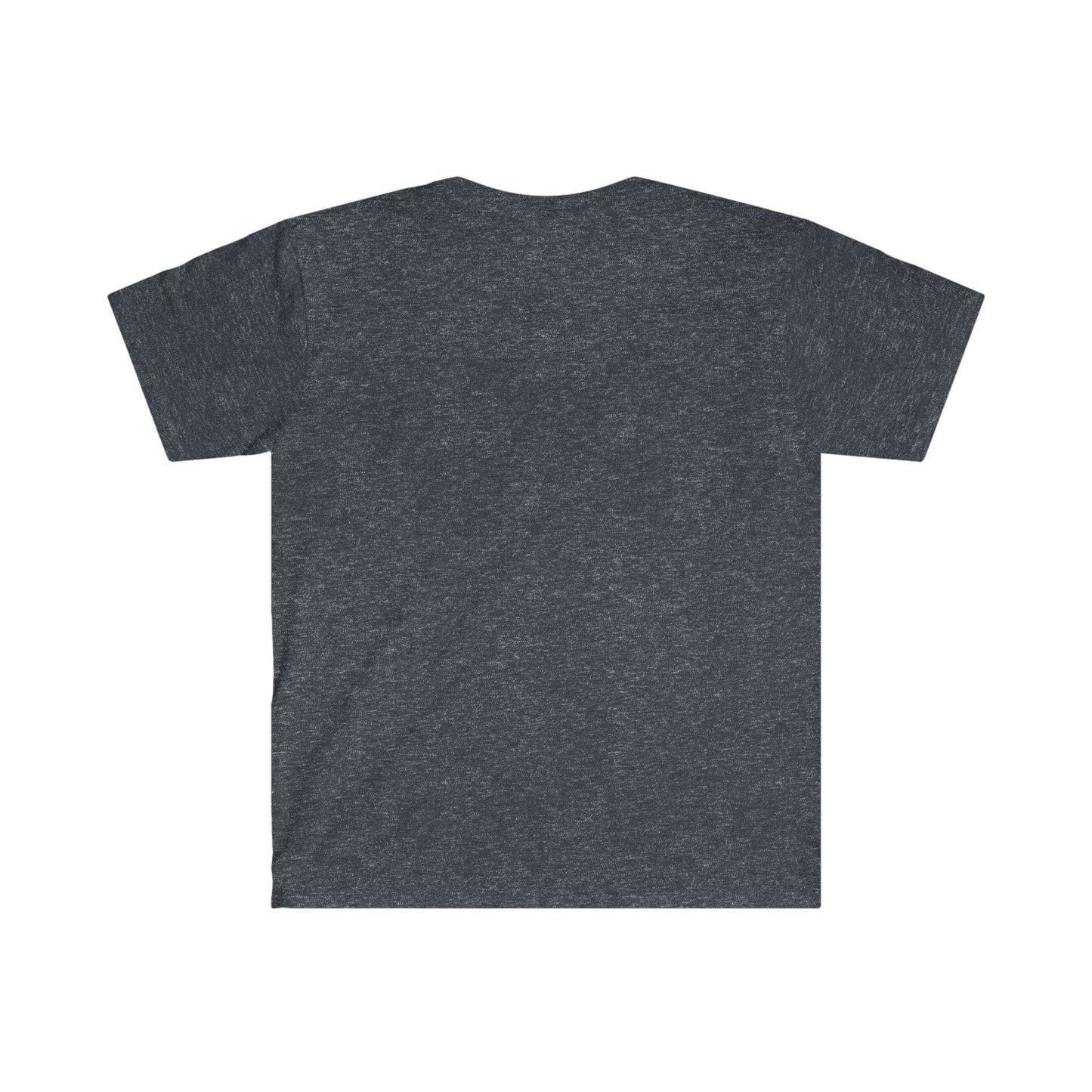 Back view of a blank unisex Gildan 64000 t-shirt in heather navy color, showcasing the soft fabric and classic fit — ideal for custom printing, patriotic graphic tees, or personalized designs.