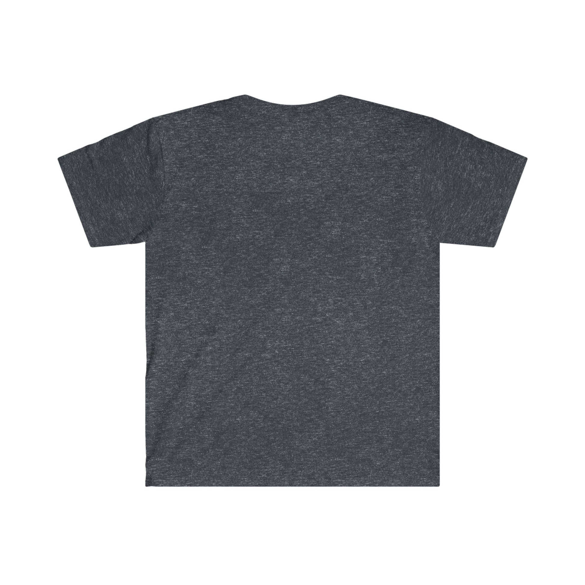 Back view of a blank unisex Gildan 64000 t-shirt in heather navy color, showcasing the soft fabric and classic fit — ideal for custom printing, patriotic graphic tees, or personalized designs.