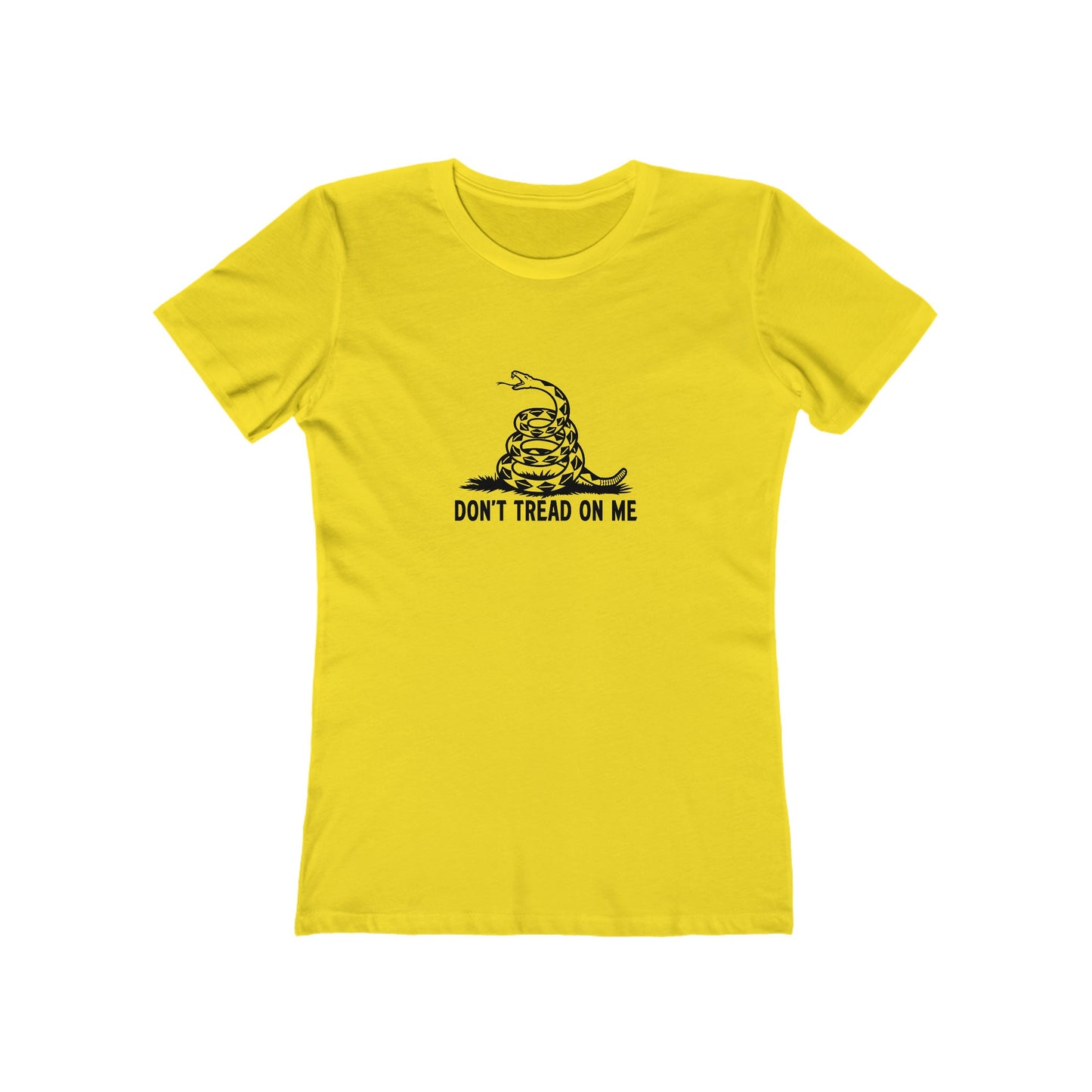 Bright yellow women&#39;s fitted t-shirt featuring a black coiled snake graphic above the bold text &quot;DON&#39;T TREAD ON ME&quot; centered on the chest, displayed on a plain white background.