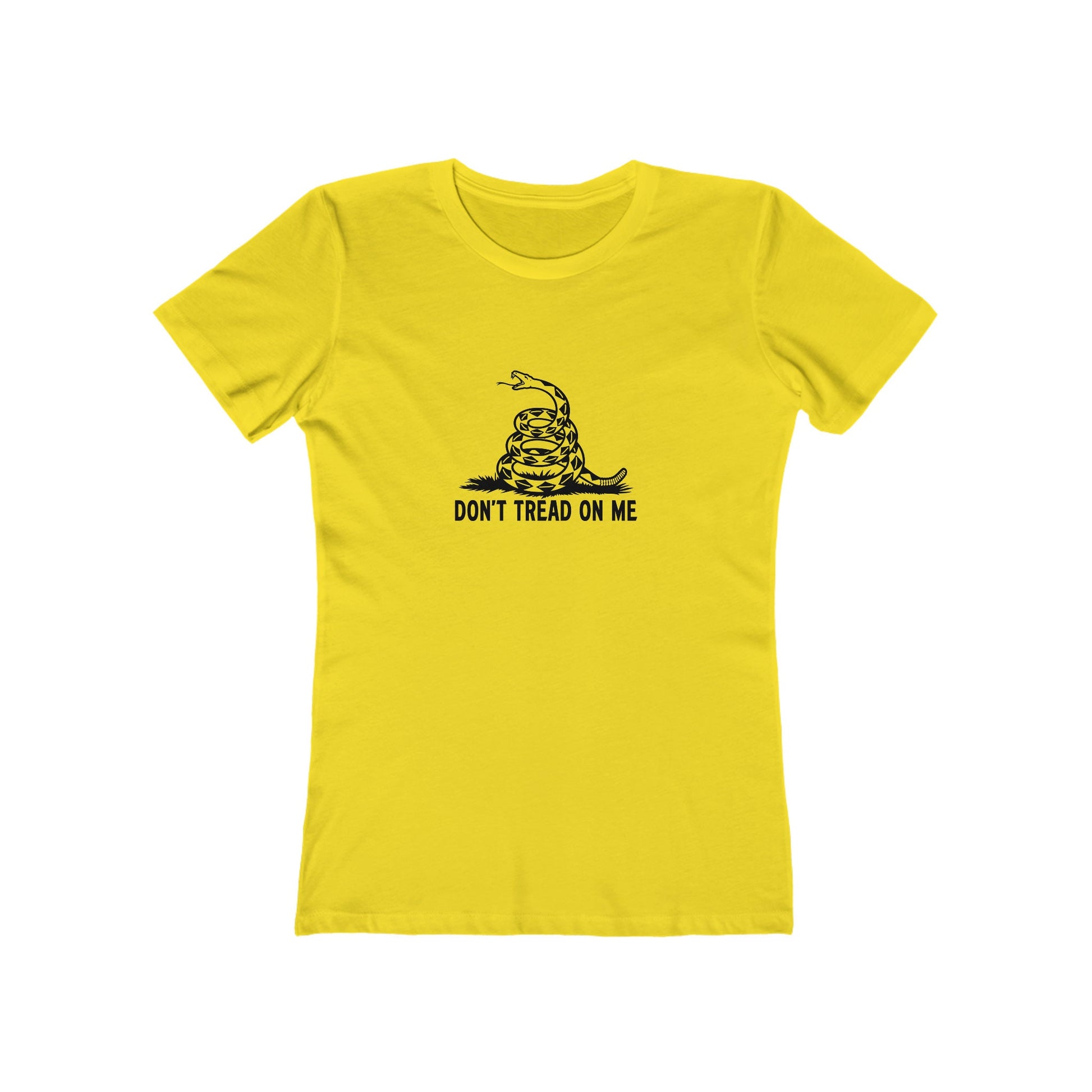 Bright yellow women&#39;s fitted t-shirt featuring a black coiled snake graphic above the bold text &quot;DON&#39;T TREAD ON ME&quot; centered on the chest, displayed on a plain white background.
