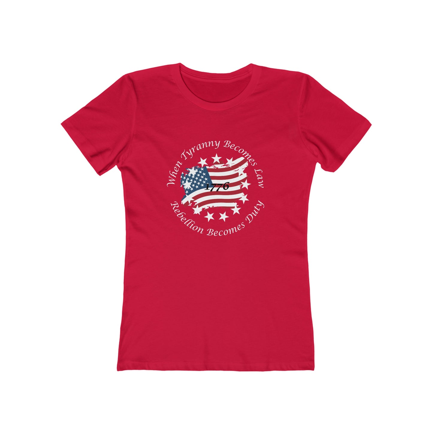 Red women&#39;s fitted t-shirt displayed on a white background, featuring a distressed American flag shaped like the United States, surrounded by stars and the quote &#39;When Tyranny Becomes Law, Rebellion Becomes Duty - 1776&#39; in white text.
