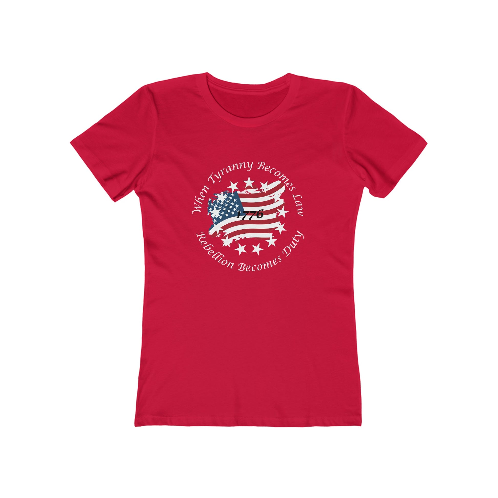 Red women&#39;s fitted t-shirt displayed on a white background, featuring a distressed American flag shaped like the United States, surrounded by stars and the quote &#39;When Tyranny Becomes Law, Rebellion Becomes Duty - 1776&#39; in white text.