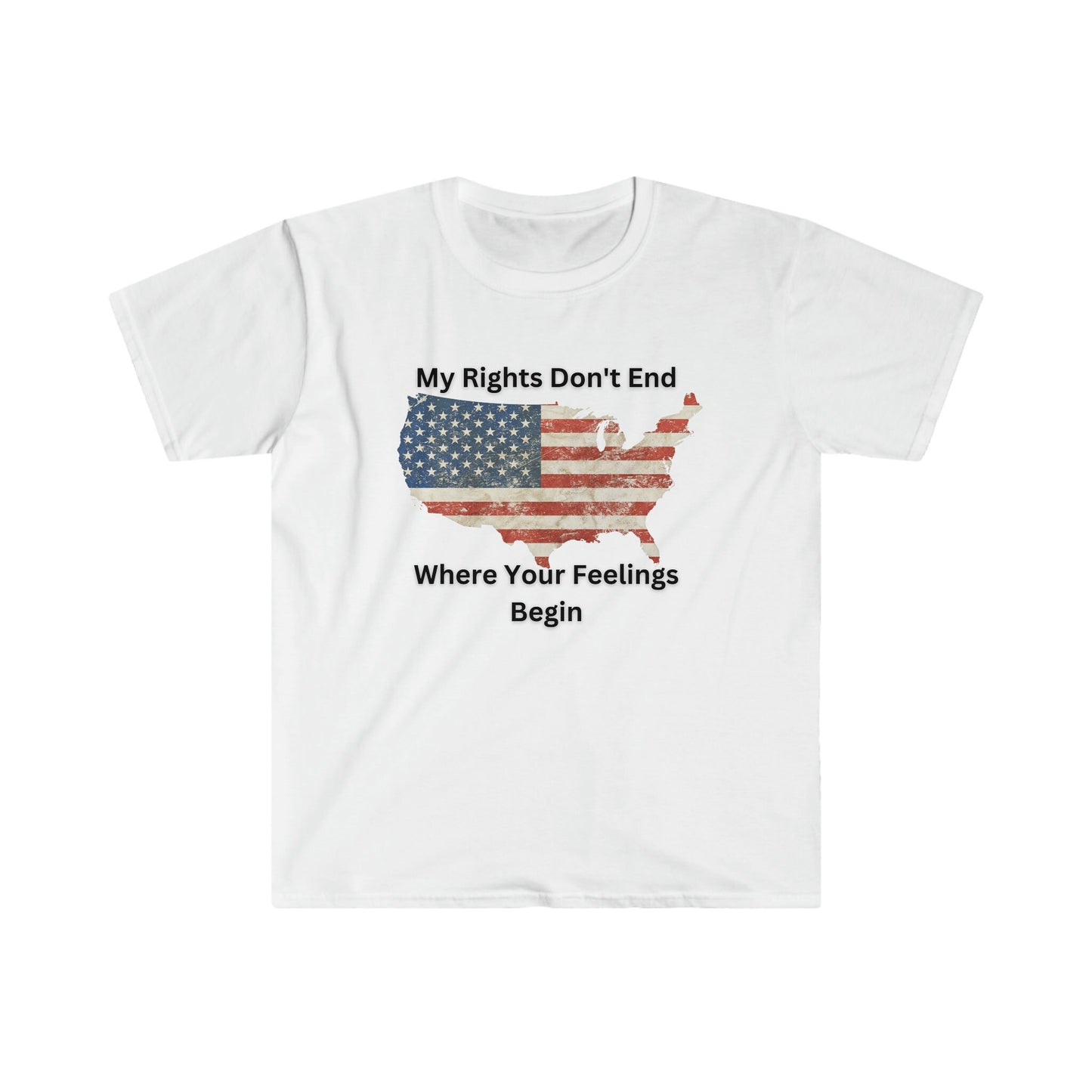 White unisex t-shirt featuring a vintage American flag in the shape of the USA with the bold quote “My Rights Don’t End Where Your Feelings Begin”.