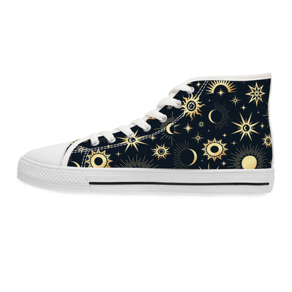 Side view of a high-top sneaker with a dark navy background and a celestial pattern featuring golden suns, moons, and stars in various sizes. The shoe includes white laces, a white rubber sole with a black stripe, and a white toe cap. The design combines cosmic elegance with classic sneaker styling.