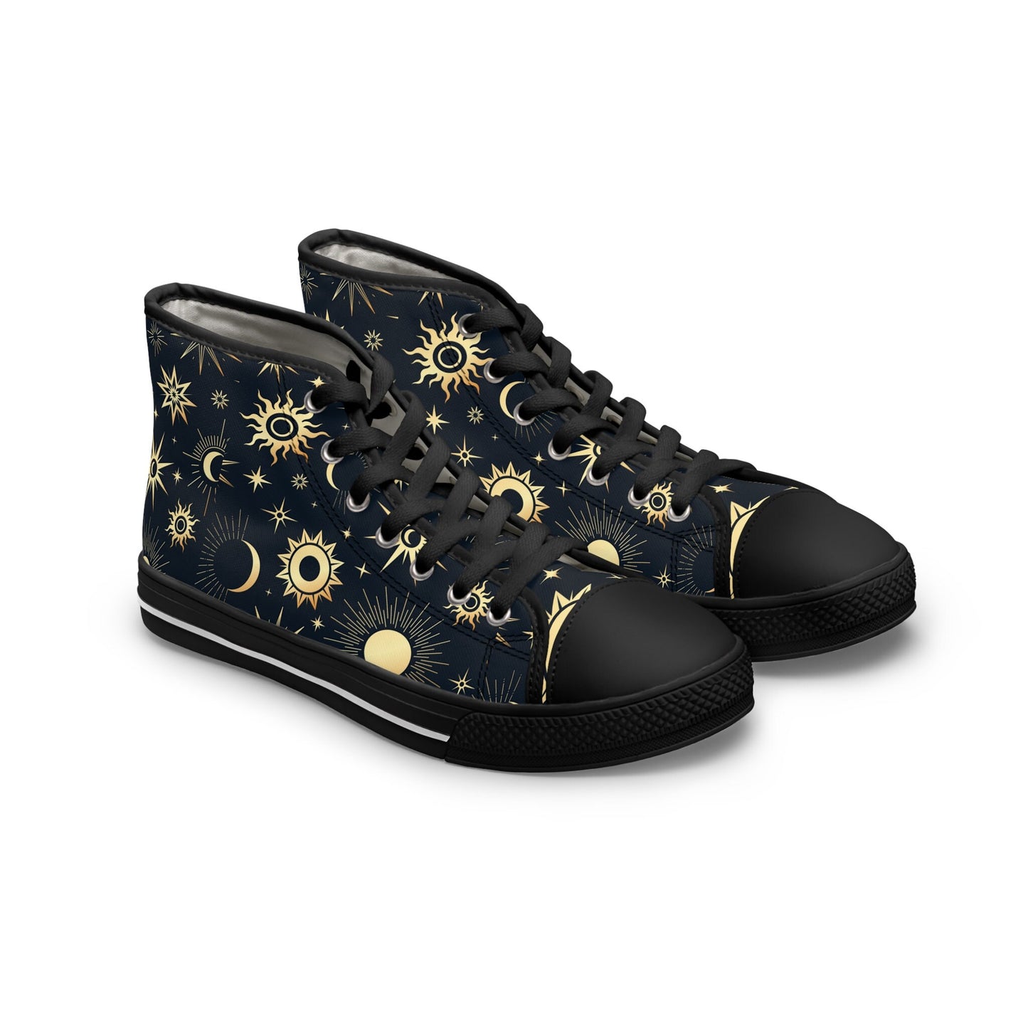 Angled view of a pair of high-top sneakers featuring a celestial pattern with golden suns, moons, and stars on a dark navy background. The shoes have black laces, black rubber toe caps, and black soles with a white stripe detail. The design combines mystical cosmic elements with a bold, modern streetwear style.