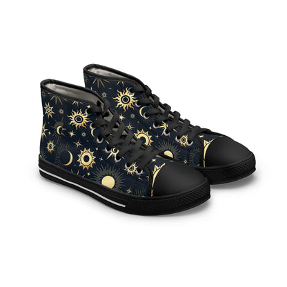 Angled view of a pair of high-top sneakers featuring a celestial pattern with golden suns, moons, and stars on a dark navy background. The shoes have black laces, black rubber toe caps, and black soles with a white stripe detail. The design combines mystical cosmic elements with a bold, modern streetwear style.