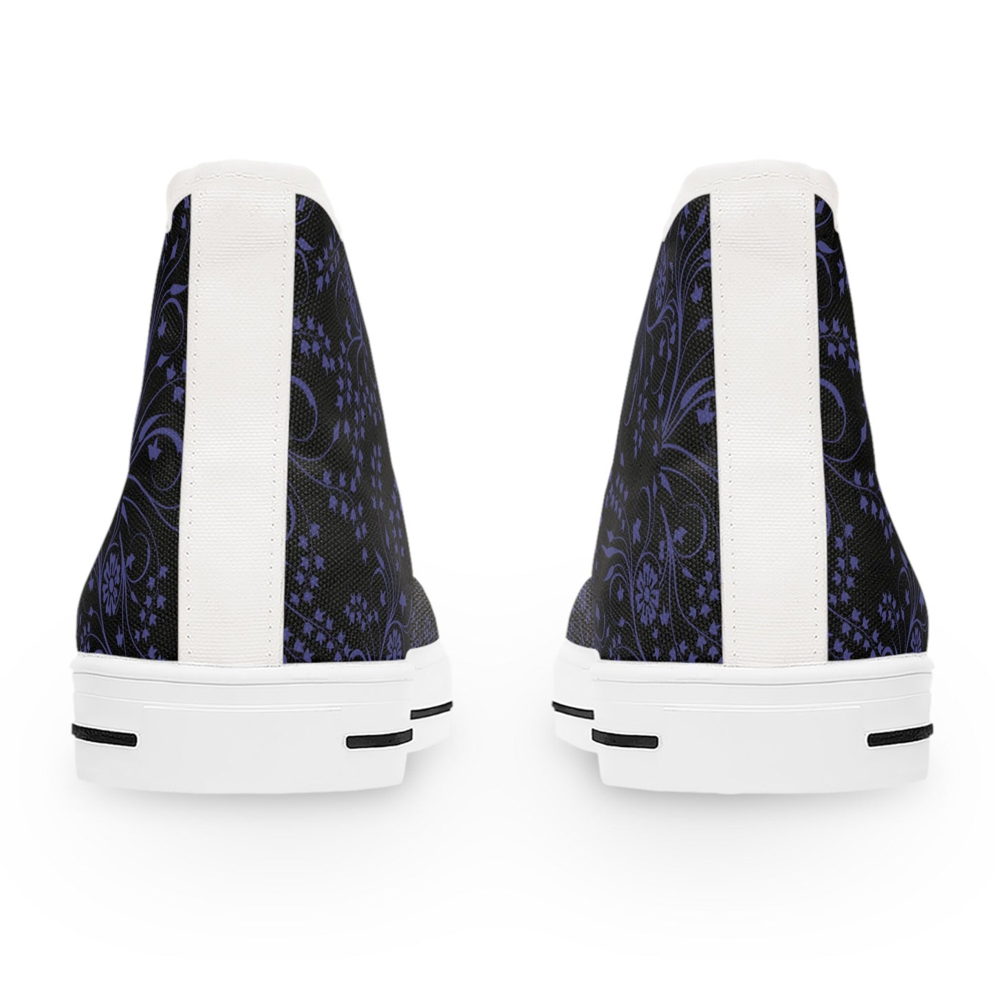 Rear view of a pair of high-top sneakers shown against a white background. The shoes feature a black upper with a detailed purple floral and paisley pattern. A vertical white strip runs down the back of each shoe, matching the white rubber soles and providing a clean contrast to the intricate design.