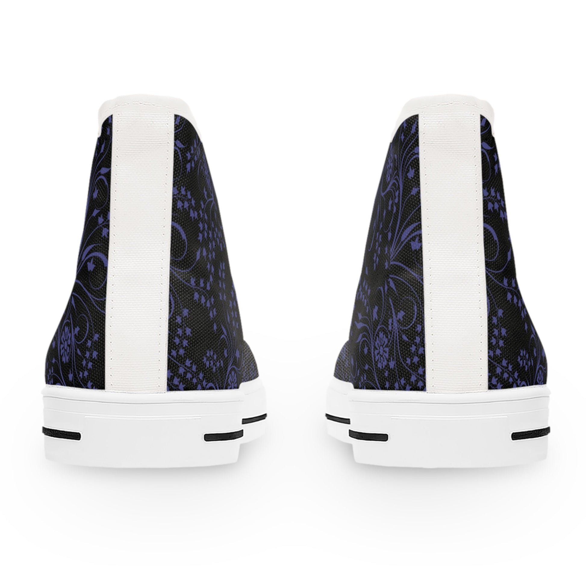 Rear view of a pair of high-top sneakers shown against a white background. The shoes feature a black upper with a detailed purple floral and paisley pattern. A vertical white strip runs down the back of each shoe, matching the white rubber soles and providing a clean contrast to the intricate design.