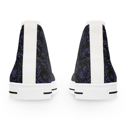 Rear view of a pair of high-top sneakers shown against a white background. The shoes feature a black upper with a detailed purple floral and paisley pattern. A vertical white strip runs down the back of each shoe, matching the white rubber soles and providing a clean contrast to the intricate design.
